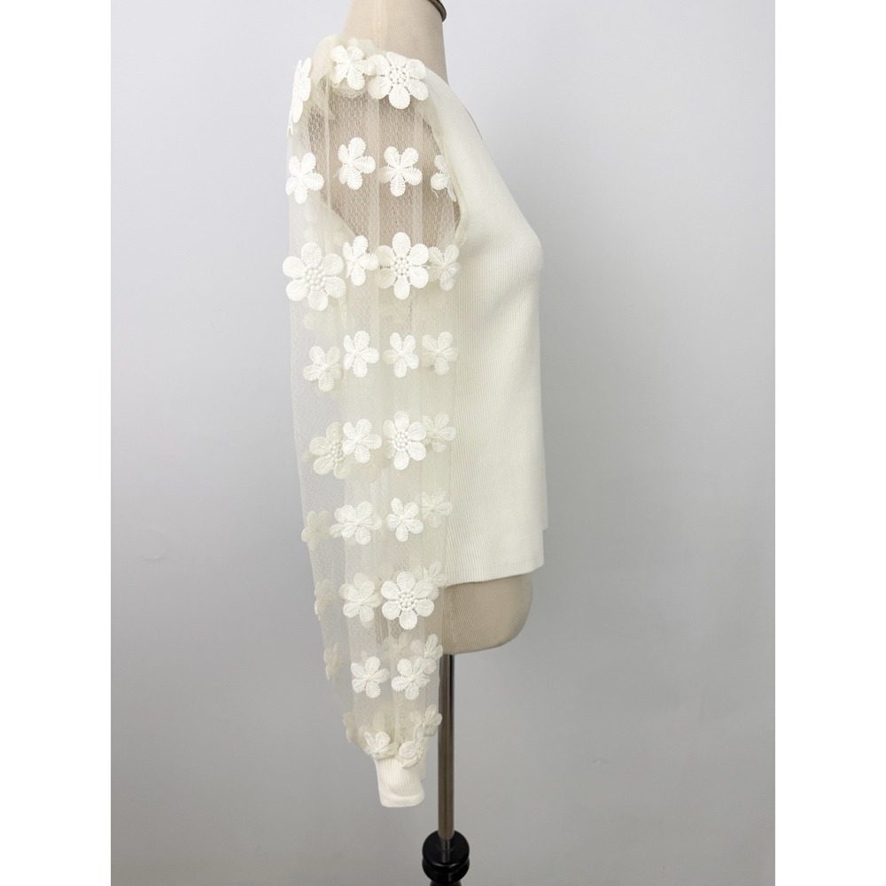 DOLAN Sheer Sleeve Applique SWEATER Top M Anthropologie 3D Cream Feminine Fairy - Picture 9 of 15